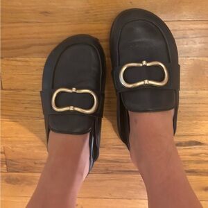 Vince Camuto Black Mules with  Gold Buckle